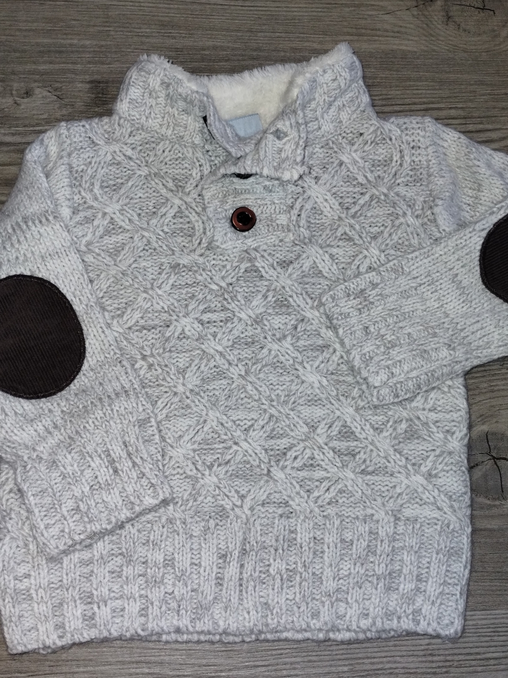 Little Lad Knit Shawl Collar Sweater with Elbow Patches - Gray Color